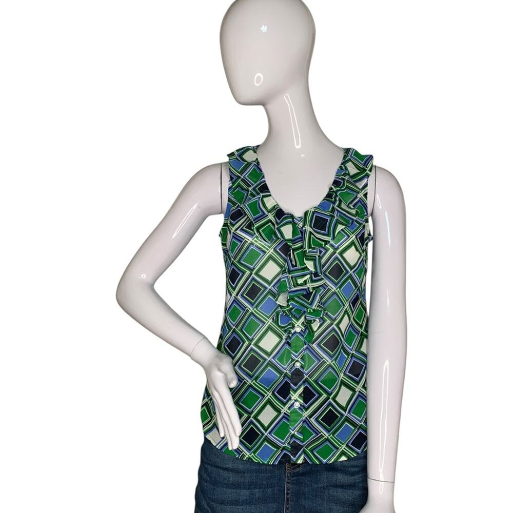 Banana Republic Top Sleeveless Size XS Sheer Ruffle Neckline Green Blue White